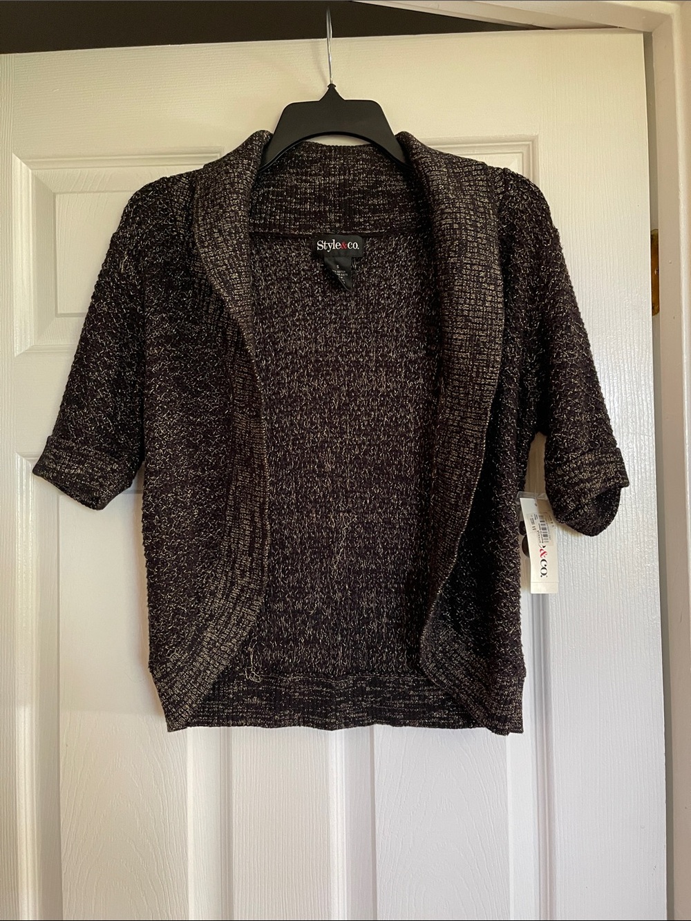Style & Co. Black Marled Open-Front Short Sleeve Cardigan
